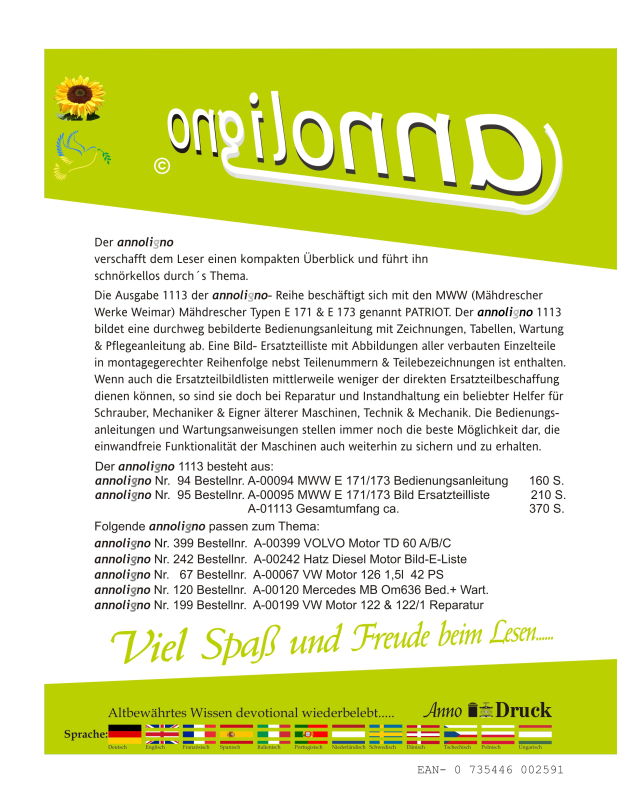 MWW Mähdrescher Typen E 171 & E 173 Patriot Bild- Bedienungsanleitung & Bild- Ersatzteilliste mit Explosionszeichnungen - annoligno 1113